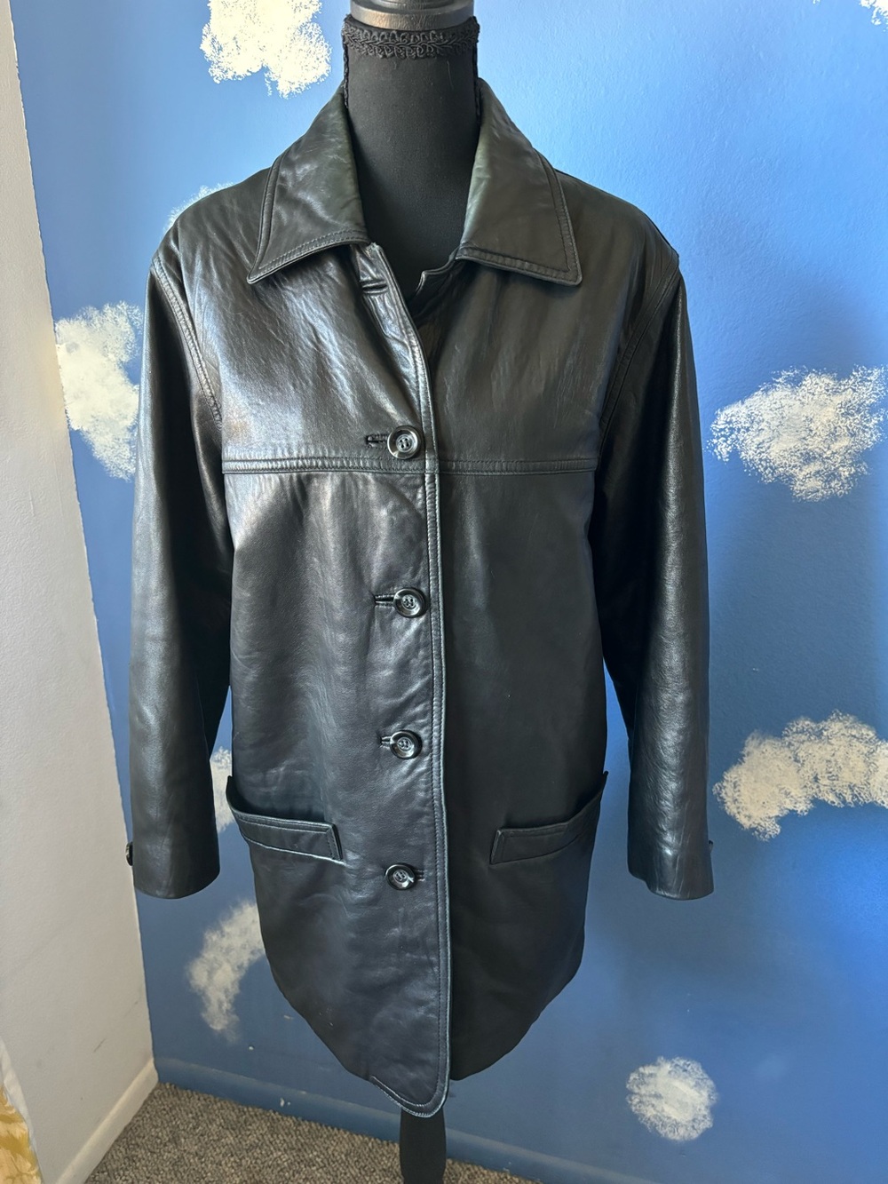 CGC Vintage Women’s Black Leather Jacket, Button Front, Size Small Petite